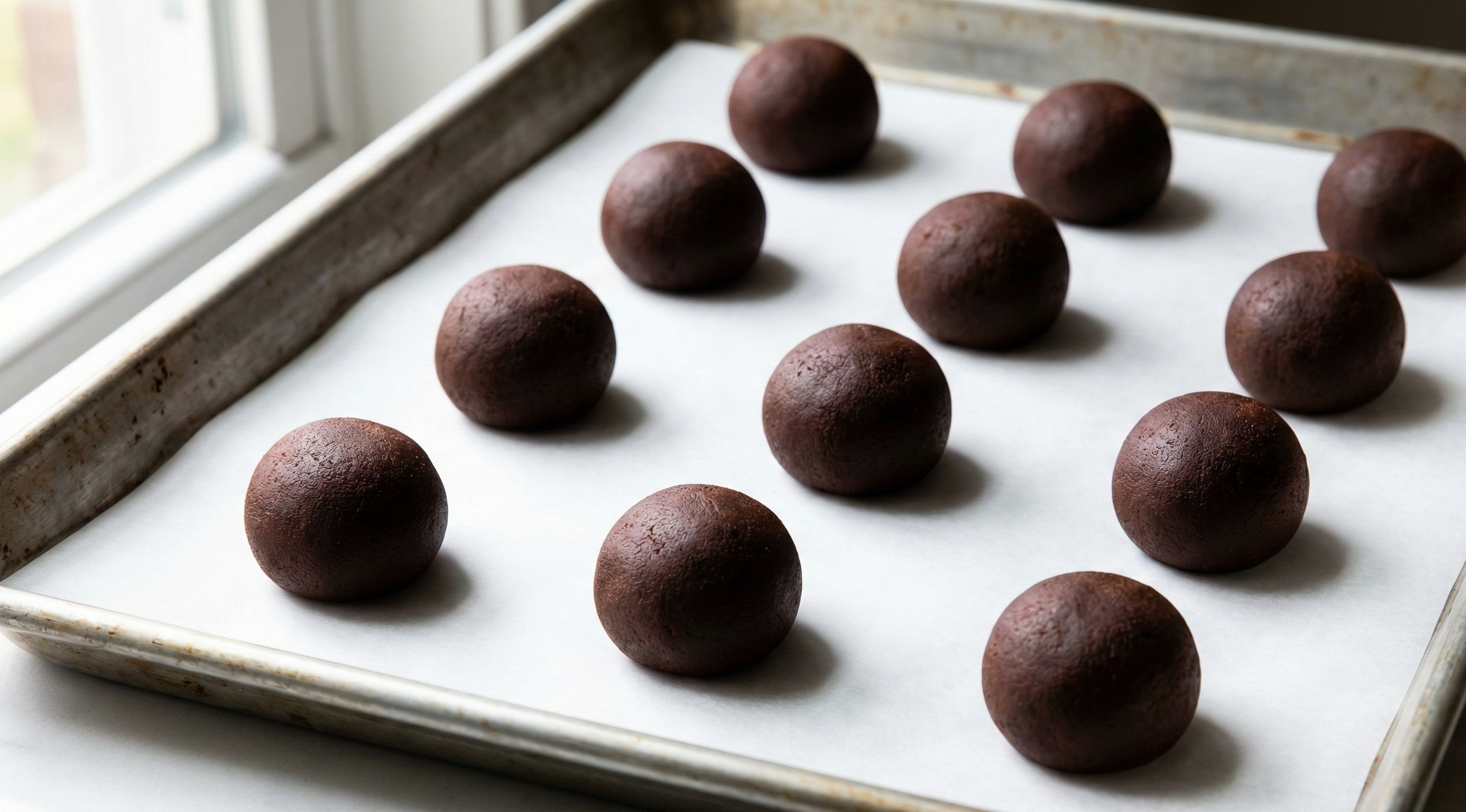 Phase 3: Perfectly rolled dough balls on a parchment-lined baking sheet, ready for the oven