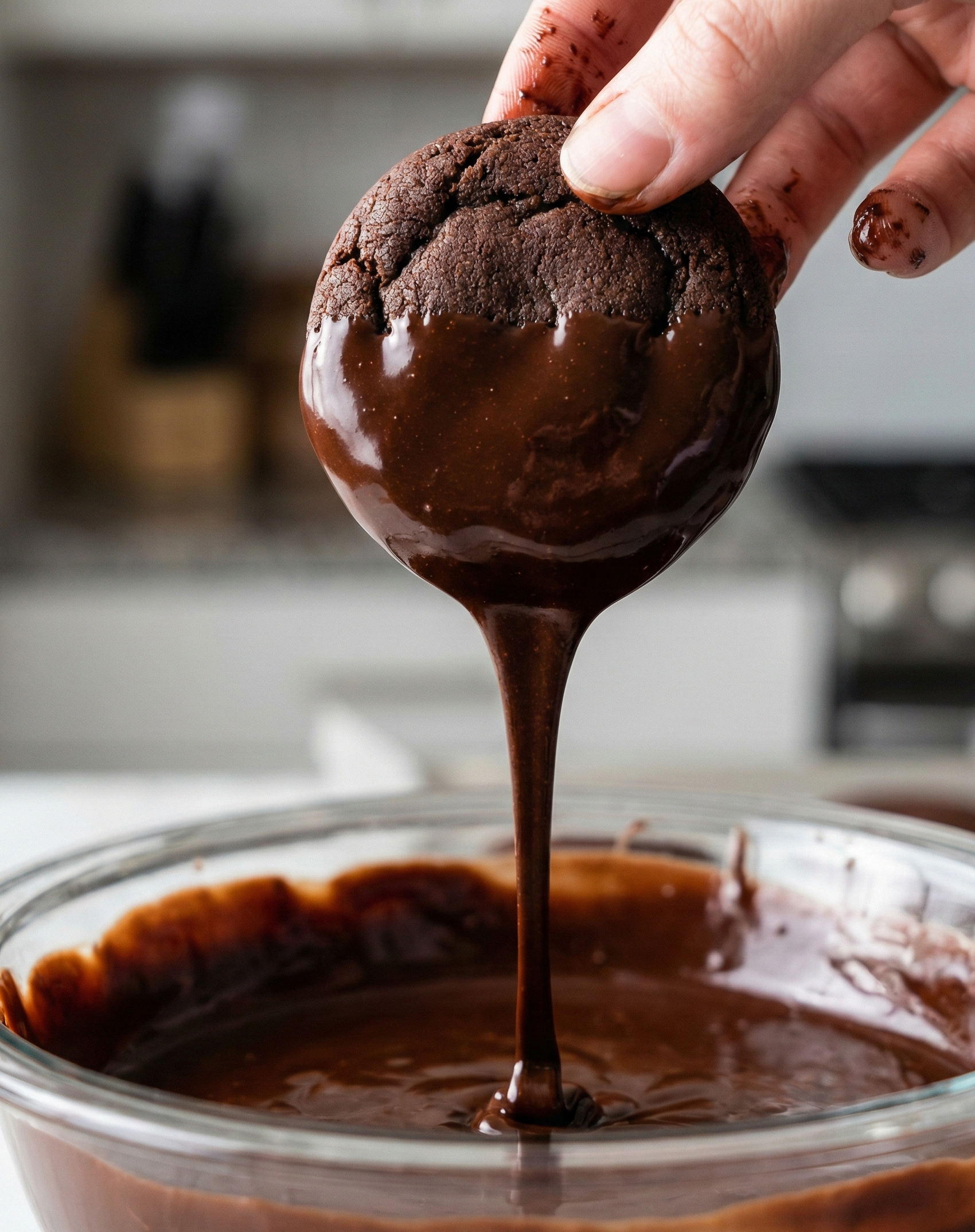 Phase 5: Dipping a cooled cookie into the rich chocolate glaze